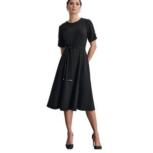 DKNY Black Midi Dress With Belt Short Sleeves Crew Neck Size 2 Lightweight Fabri